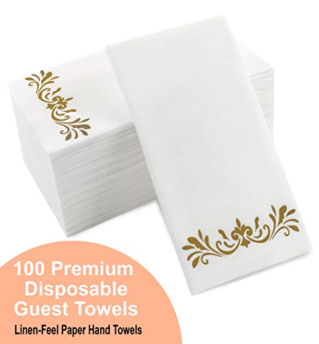 Product Cover Gold Dinner Napkins, Disposable Party Napkins, Paper Napkins Decorative, Linen Feel Disposable Hand Towels for Wedding, Guest Bathroom & More - White with Gold, 100 Pack, 8.25 x 4 Inches