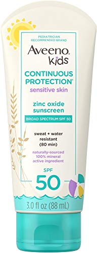 Product Cover Aveeno Kids Continuous Protection Zinc Oxide Mineral Sunscreen Lotion for Children's Sensitive Skin with Broad Spectrum SPF 50, Tear-Free, Sweat- & Water-Resistant, 3 fl. oz