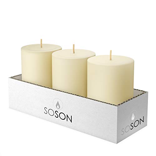 Product Cover Simply Soson 3 x 4 Inch Ivory Unscented Pillar Candle Bulk Set - Dripless, Scent Free Paraffin Wax Candle Pillars - Medium Size Wedding or Home No Drip Candles - 3 Pack