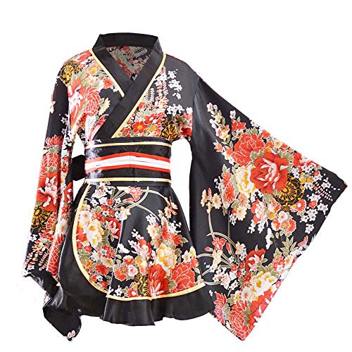 Product Cover Kimono Bathrobe Costume Japanese Traditional Yukata Cosplay Women's Sexy Sakura Pattern (Black)