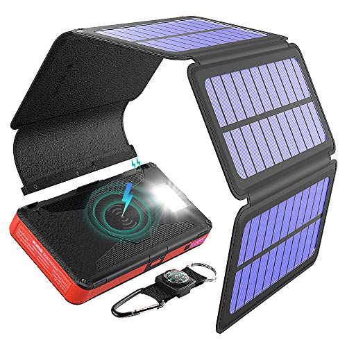 Product Cover BLAVOR Solar Charger Five Panels Detachable, Qi Wireless Charger 20000mAh Portable Power Bank with Dual Output Type C Input Flashlight and Compass Kit (Red, 20000mah)