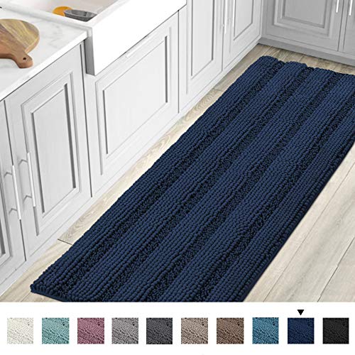 Product Cover Striped Luxury Chenille Bathroom Rug Mat Runner Oversized 59x20 Inch Extra Soft and Absorbent Shaggy Rugs Dry Extra Long Plush Carpet for Bathroom/Kitchen Machine Washable, Navy