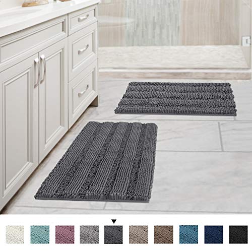Product Cover Striped Chenille Bath Mats for Bathroom Rugs Non Slip Machine Washable Soft Microfiber 2 Pack (17×24 inches, Gray)