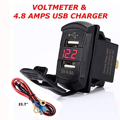 Product Cover 4.8 Amps Dual USB Rocker Style Charger w/Red Voltmeter for Boats, Polaris RZR 900, RZR 1000, Ranger, Mobile Home, RV, Can Am Spyders, Can Am Maverick, Can AM SxS, Golf Cart