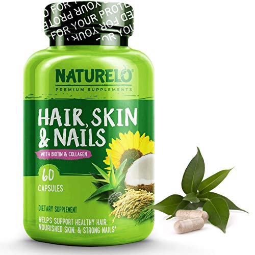 Product Cover NATURELO Hair, Skin and Nails Vitamins - 5000 mcg Biotin, Natural Collagen, Organic Vitamin C - Best Supplement for Faster Hair Growth for Women - Hair Loss Treatment for Men - 60 Capsules