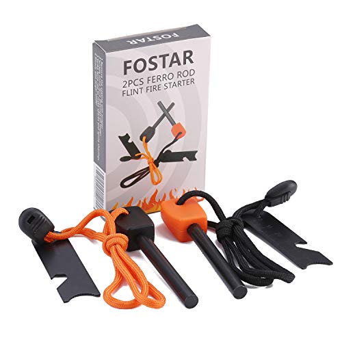 Product Cover FOSTAR Ferrocerium Alloy Rod Fire Starter, 5/16 Inch Thick Waterproof Fire Steel, Bushcraft Ferro Rod with Easy Grip Handle, Multi-Tool Striker and Necklace Paracord Lanyard (2PCS, Black and Orange)
