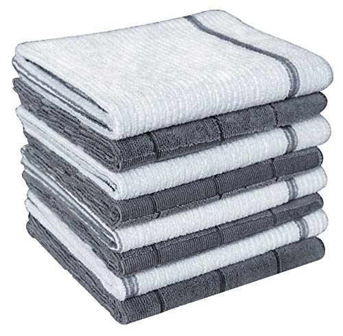 Product Cover Gryeer Microfiber Dish Towels - 8 Pack (4 Check and 4 Stripe Designed) - Soft, Super Absorbent and Lint Free Kitchen Towels, 26 x 18 Inch, Gray