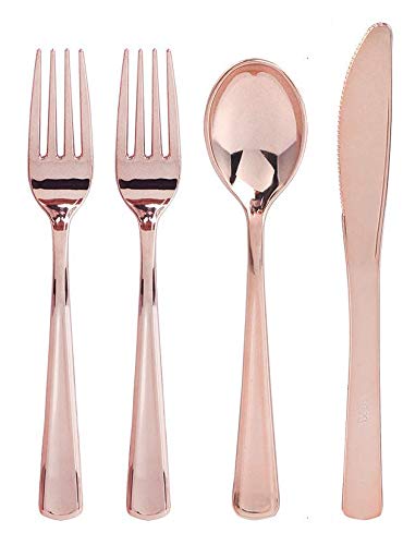 Product Cover 200 Piece Plastic Silverware Set | Rose Gold Cutlery | Disposable Flatware | 100 Forks 50 Spoons 50 Knives (50 Guests) by Bloomingoods