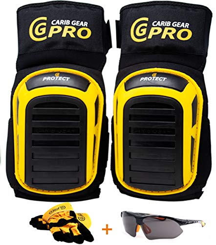 Product Cover Knee Pads For Work- Heavy Duty Gel Construction kneePads Gardening Best Tool for Tiling Flooring Roofing Comfortable Foam Cushion, Stretchable Anti-Slip Thigh Straps Bonus UV Safety Glasses & Gloves