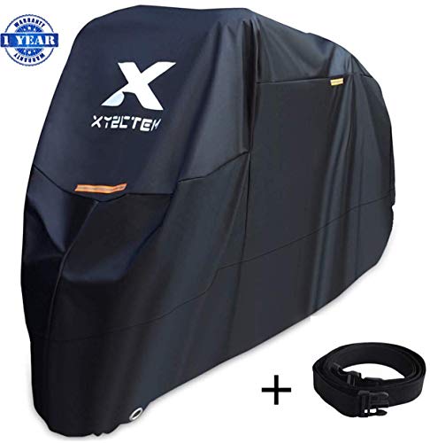 Product Cover XYZCTEM Motorcycle Cover -Waterproof Outdoor Storage Bag,Made of Heavy Duty Material Fits up to 108 inch, Compatible with Harley Davison and All motors(Black& Lockholes& Professional Windproof Strap)