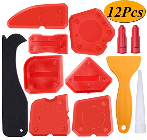 Product Cover 12 Pieces Caulking Tool Kit Sealant Tools Silicone Sealant Finishing Tool Grout Scraper Caulk Remover and Caulk Nozzle and Caulk Caps (Red)