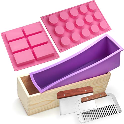 Product Cover Silicone soap molds kit - 6 Cavities Biscuits Rectangular Holes Cylinder DIY Handmade Soap Loaf Mold kit,Comes with Wood Box Stainless Steel Wavy & Straight Scraper