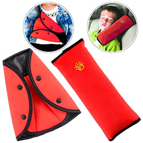 Product Cover Swpeet 2Pcs Red Seat Belt Pillow + Safety Seat Belt Adjuster Seat Strap Cover Adjuster Perfect for Kids, Soft Neck Support Headrest Seatbelt Pillow Cover & Seatbelt Adjuster for Child Baby Adult