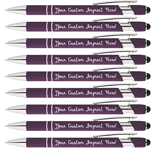 Product Cover Personalized Pens - Rainbow Rubberized Soft Touch Ballpoint Pen with Stylus Tip is a stylish, premium metal pen, black ink, medium point.- Includes FREE PERSONALIZATION (Box of 12) (Purple)