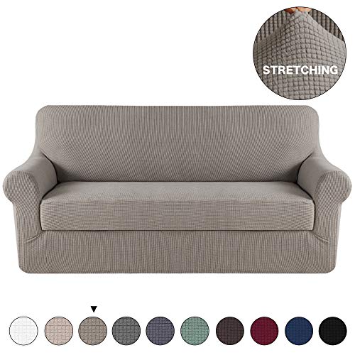 Product Cover Turquoize 2 Piece Couch Covers High Stretch Sofa Cover Protector Couch Soft with Elastic Bottom Knitted Jacquard, High Stretch Form Fit Slip Resistant Furniture Protector Sofa 3 Seater(Sofa, Taupe)