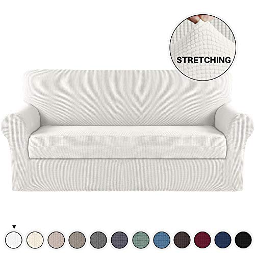 Product Cover Turquoize Sofa Slipcover Stretch High Spandex Sofa Cover/Lounge Covers/Couch Covers Furniture Covers for 3 Seater Cushion Cover 2-Piece Sofa Cover with Separated Sitting Cushion Cover (Sofa, Ivory)