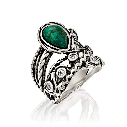 Product Cover PZ Paz Creations 925 Sterling Silver Eilat Stone Statement Ring | Chrysocolla and White Topaz Gemstone | Textured Design Bohemian Jewelry for Women