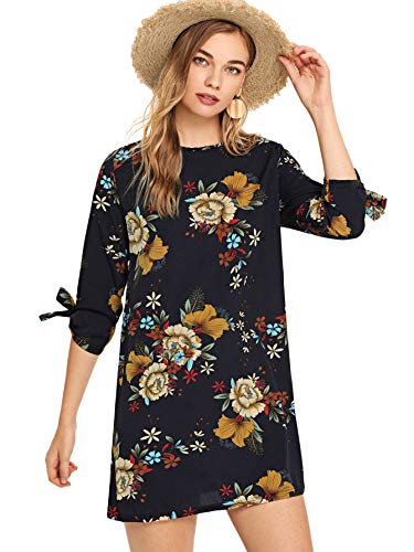 Product Cover Milumia Women Floral Print Knot Cuff Round Neck 3/4 Sleeve Botanical Tunic Dress