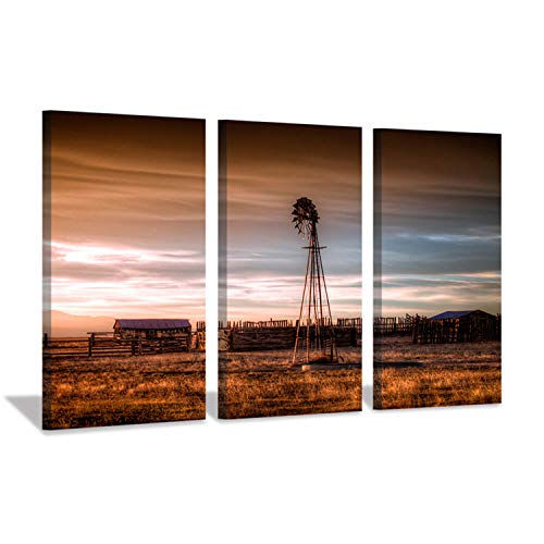 Product Cover Hardy Gallery Windmill Artwork Rustic Landscape Picture: Farmhouse Painting Wall Art Print on Canvas for Bedroom (16'' x 26'' x 3 Panels)