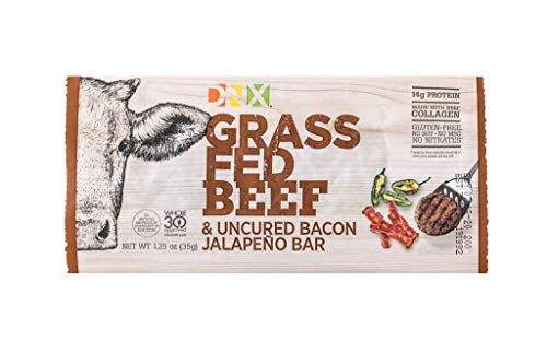 Product Cover DNX Grass Fed Beef & Uncured Bacon Jalapeno Bar, High Protein Bar Meat Snack, Keto, Paleo, Whole30, Gluten-Free, Dairy-Free, Grain-Free, Nitrate-Free, Non-GMO, No Soy, Low Carb (12 Pack)