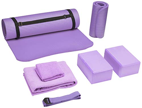 Product Cover BalanceFrom GoYoga 7-Piece Set - Include Yoga Mat with Carrying Strap, 2 Yoga Blocks, Yoga Mat Towel, Yoga Hand Towel, Yoga Strap and Yoga Knee Pad (Purple, 1/2