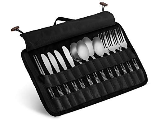 Product Cover 13 Piece Stainless Steel Family Cutlery Picnic Utensil Set with Travel Case for Camping | Hiking | BBQs - Includes Forks | Spoons | Knifes | Chopstick, Plus Nylon Commuter Case (Black)