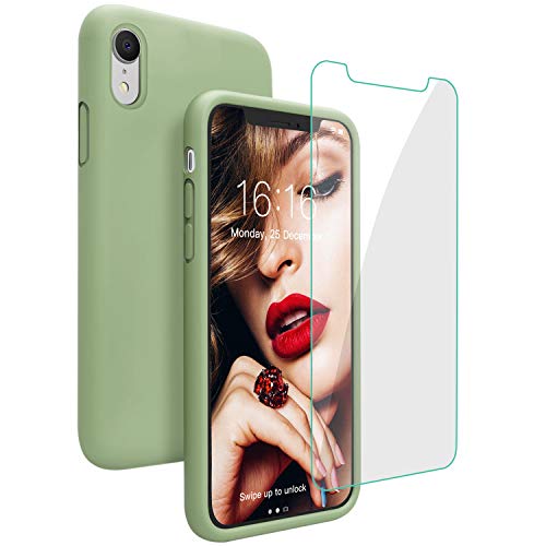 Product Cover JASBON Case for iPhone XR, Soft Liquid Silicone iPhone XR Case with Tempered Glass Cover for Apple XR-Matcha