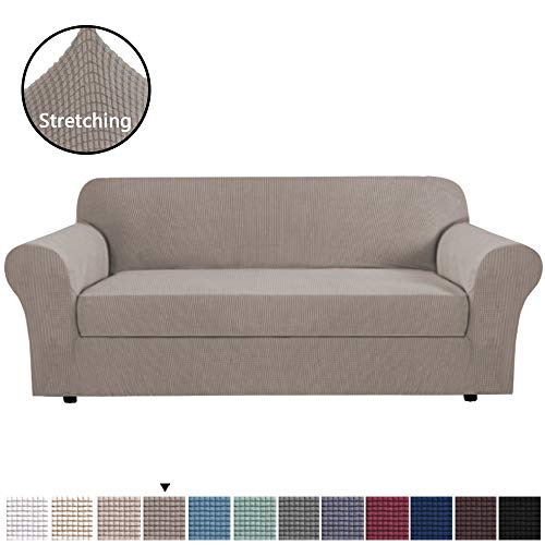 Product Cover H.VERSAILTEX 2 Separate Pieces Sofa Slipcover Fit Sofa Width Up to 115 Inch Large Sofa Covers for Living Room, Soft Jacquard Polyester Spandex Stretch Couch Cover (Sofa X-Large Size, Taupe)