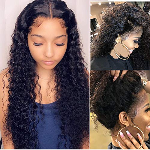 Product Cover Suerkeep Deep Wave Lace Front Wigs Pre-Plucked 150% Density Natural Hairline Remy Natural Brazilian Deep Wave Human Hair Lace Wigs Glueless (26inch, Natural Color)
