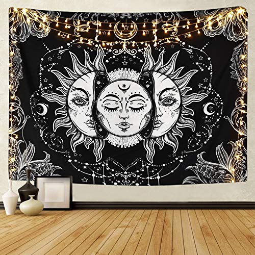 Product Cover Sevenstars Sun and Moon Tapestry Burning Sun with Star Tapestry Psychedelic Tapestry Black and White Mystic Tapestry Wall Hanging