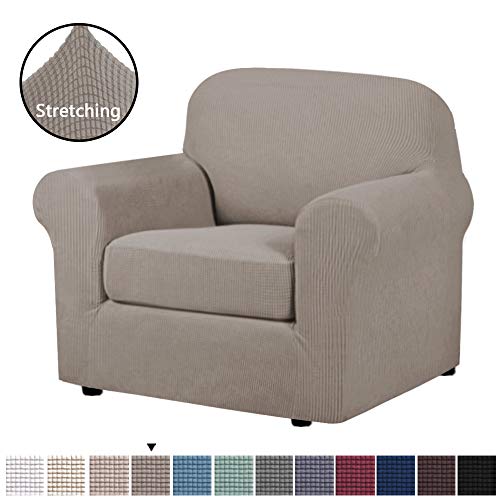 Product Cover H.VERSAILTEX Stretch Chair Slipcovers 2 Pieces Armchair Cover Furniture Protector Chair Covers for Living Room Fit Chair Width Up to 48 Inches, Jacquard Lycra High Spandex Fabric(Chair, Taupe)