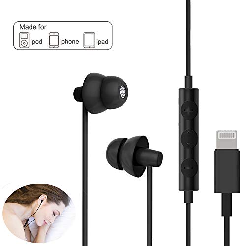 Product Cover Lighting Headphones,MAXROCK Sleep Earbuds with Lightning Connector Sleep Headphone Earphones for iPhone X/XS/XS Max/XR iPhone 8 iPhone 7/7 Plus Apple iOS with Microphone and Volume Remote (Black)