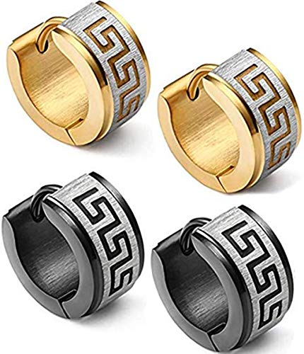 Product Cover KARAY Stainless Steel Hoop Earrings for Men Women Huggie Earrings Unique Greek Key (Gold&Balck)