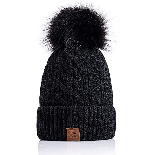 Product Cover PAGE ONE Womens Winter Fleece Lined Slouchy Pompom Beanie Chunky Baggy Hat Fur Winter Soft Warm Soft Cap Black