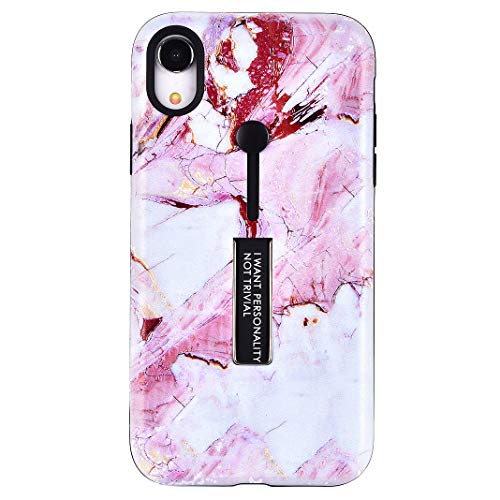 Product Cover LolStore iPhone XR Case, iPhone XR Marble Case, Marble Stone Pattern Anti-Scratch Rubber Case Dual Layer Finger Ring Loop Strap Case Kickstand Protective Phone Case for iPhone XR 6.1 inch,Pink