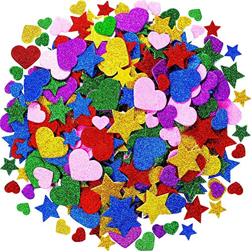 Product Cover Tatuo Foam Glitter Stickers Foam Hearts Star Shapes Stickers Colorful Self Adhesive Foam Stickers for Mother's Day Cards, Kid's Arts Craft Supplies (600 Pieces)