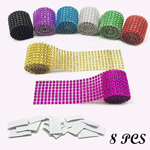 Product Cover 8 Colors 8 Row 1 M Acrylic Rhinestone Diamond Ribbon with 8 Pairs Self Adhesive Hook and Loop Tape for Wedding Cakes, Birthday Decorations, Baby Shower and Crafts Projects by Seasonsky