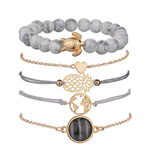 Product Cover Beaded Bracelets for Women - Adjustable Charm Pendent Stack Bracelets Set for Women Girl Friendship Gift Bracelet Links (Stone & Turtle Bracelet)