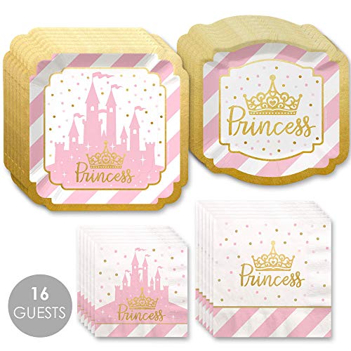 Product Cover Big Dot of Happiness Little Princess Crown with Gold Foil - Pink and Gold Princess Baby Shower or Birthday Party Tableware Plates and Napkins - Bundle for 16