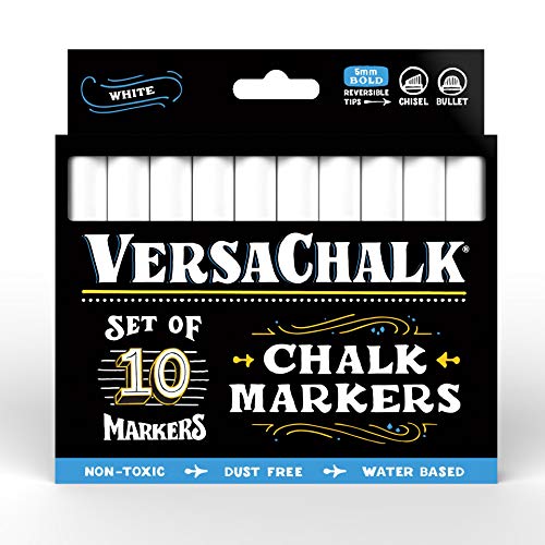 Product Cover VersaChalk White Chalkboard Chalk Markers - 10 White Markers, 5mm Bold Tip - Wet Erase Dustless Chalk Ink Paint Markers for Blackboard, Dry Erase White Board, Chalkboard Sign