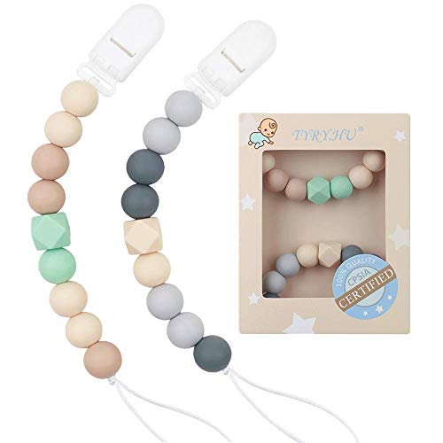 Product Cover Pacifier Clip Baby Boys Silicone Paci Clip Teething Relief Teether Toy Soothie Binky Holder BPA Free Chewbeads Birthday Christmas Shower Gift Set of 2 (Beige, Grey)