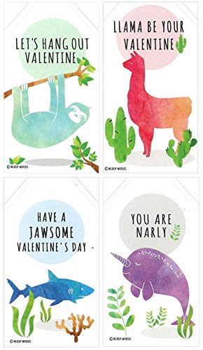 Product Cover Mini Llama Sloth Narwhal Shark Valentines (Set of 24 Wallet-Sized Cards) for Valentine's Day by Nerdy Words
