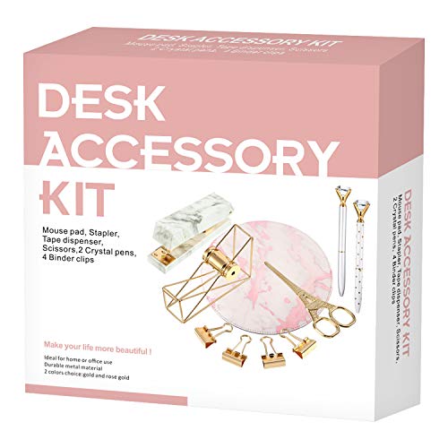 Product Cover TOODOO Desk Accessory Organization Kit, Set of Stapler, Mouse Pad, Tape Dispenser, Crystal Pens, Scissors and More Table Accessaries (Gold, 10 Pieces)