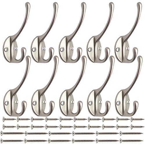 Product Cover IBosins 10 Pack Heavy Duty Dual Coat Hooks Wall Mounted with 40 Screws Retro Double Hooks Utility Black Hooks for Coat, Scarf, Bag, Towel, Key, Cap, Cup, Hat (Silvery)