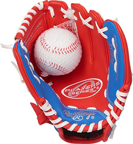 Product Cover Rawlings Players Series Youth Tball/Baseball Glove with Ball, Right Hand Throw, Red/Blue, 9 Inch (Ages 3-5)