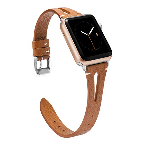 Product Cover Wearlizer Brown Leather Compatible with Apple Watch Bands 38mm 40mm for iWatch Womens Mens Special Triangle Hole Sport Straps Wristband Cool Replacement Bracelet (Metal Silver Buckle) Series 5 4 3 2 1