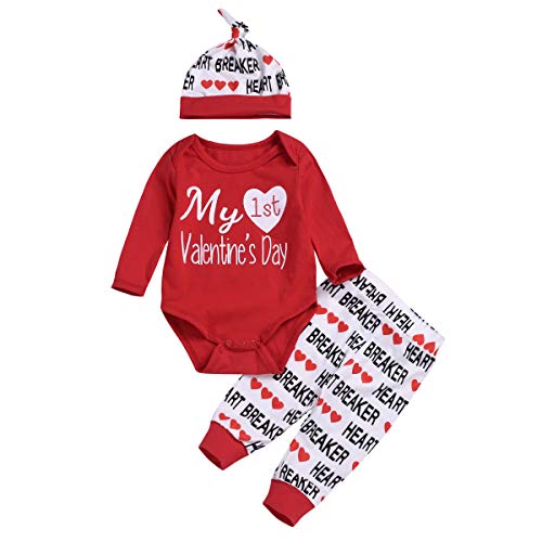 Product Cover 3PCS Newborn Baby Boy Girl My 1st Valentine's Day Outfit Clothes Infant Romper + Letter Pants Hat Set