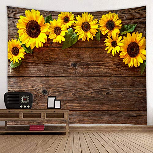 Product Cover Wooden Board Sunflower Flower Print Fabric Tapestry Decor Wall Art Tablecloths Bedspread Picnic Blanket Beach Throw Tapestries Colorful Bedroom Hall Dorm Living Room Hanging 79 x 59 inches