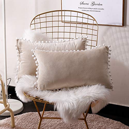 Product Cover Lihio Throw Pillows Covers Decorative with Pom Poms Cushion Covers Velvet Rectangle Solid Color Soft Sofa Chair Home Set of 2,12x20 Inch Beige