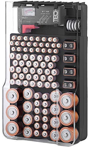Product Cover The Battery Organizer TBO1531 The Batt Storage Case with Hinged Clear Cover, Includes a Removable Tester, Holds 93 Batteries Various Sizes, Black